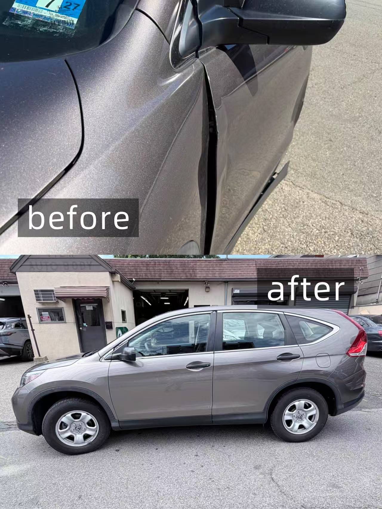 Honda CR-V collision and dent repair before and after at Arch Auto Body and Collision, Fairview NJ