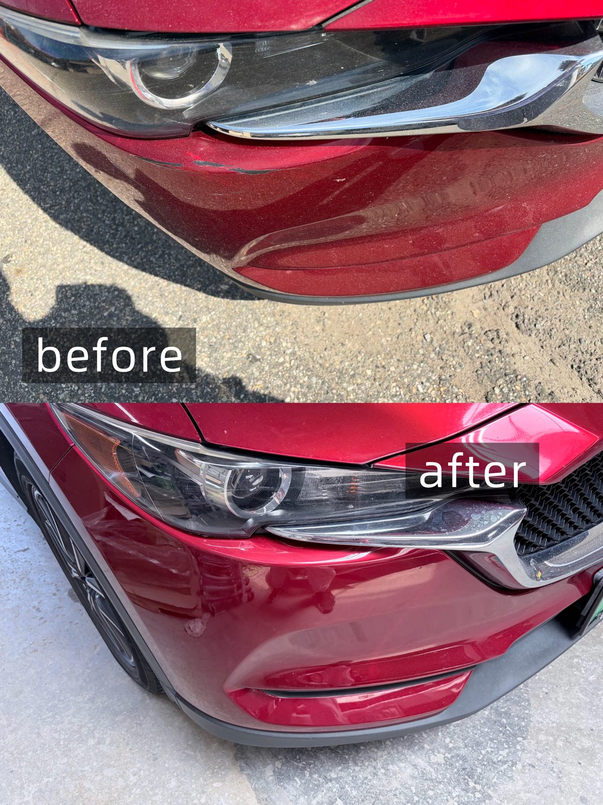 Mazda front bumper and headlight collision repair before and after at Arch Auto Body and Collision, Fairview NJ
