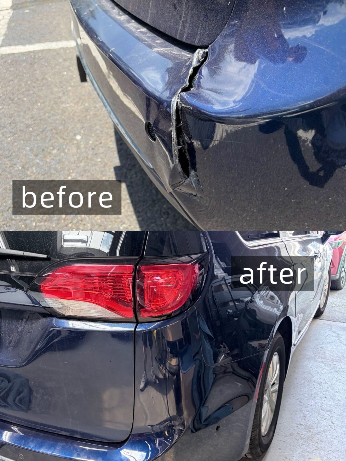 OEM bumper crack collision repair before and after at Arch Auto Body and Collision in Fairview, NJ